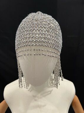 Crystal Fringe Beaded Cap - Silver
